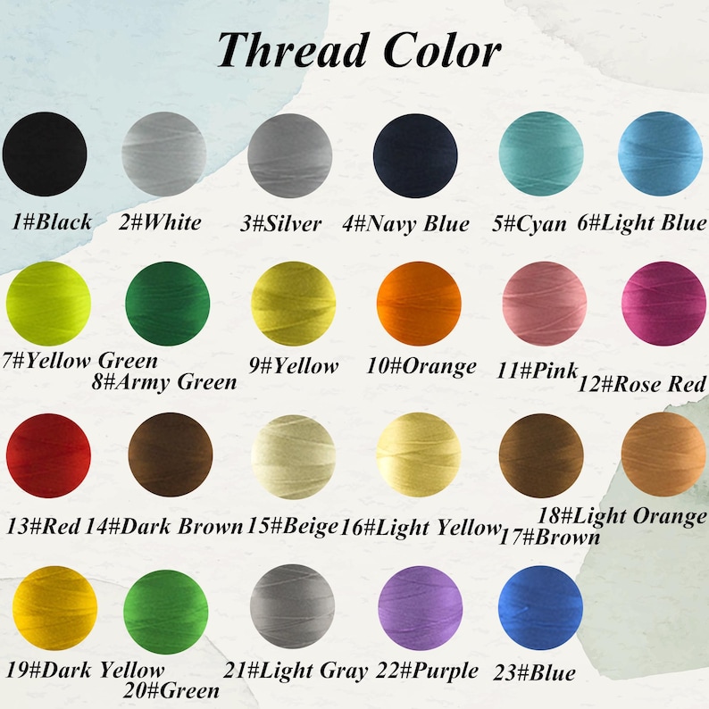May include: A color chart displaying thread colors, labeled with numbers and names. Colors include black, white, silver, navy blue, cyan, light blue, yellow green, army green, yellow, orange, pink, rose red, red, dark brown, beige, light yellow, brown, light orange, dark yellow, green, light gray, purple, and blue.