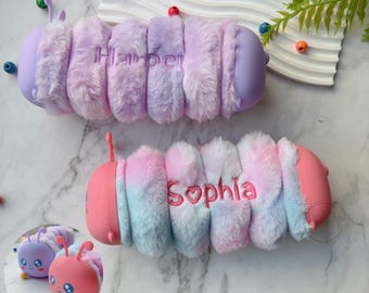 Lovely Caterpillar Pencil Case, Custom Embroidered Name Pencil Case, Personalized Name Plush Makeup Bag, Funny Animals Pencil Case, Gifts