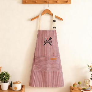 Personalized Striped Embroidered Apron, Custom Chef Kitchen Apron with Name, Adult Baking Apron with Adjustable Straps, Gifts for Bakers