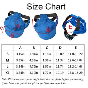 Peut inclure: Casquette de baseball bleue pour chien avec une sangle et une boucle noires. Le tableau des tailles affiche les mesures en pouces pour les tailles S, M, L et XL. Le texte "Size Chart" est en haut de l'image.