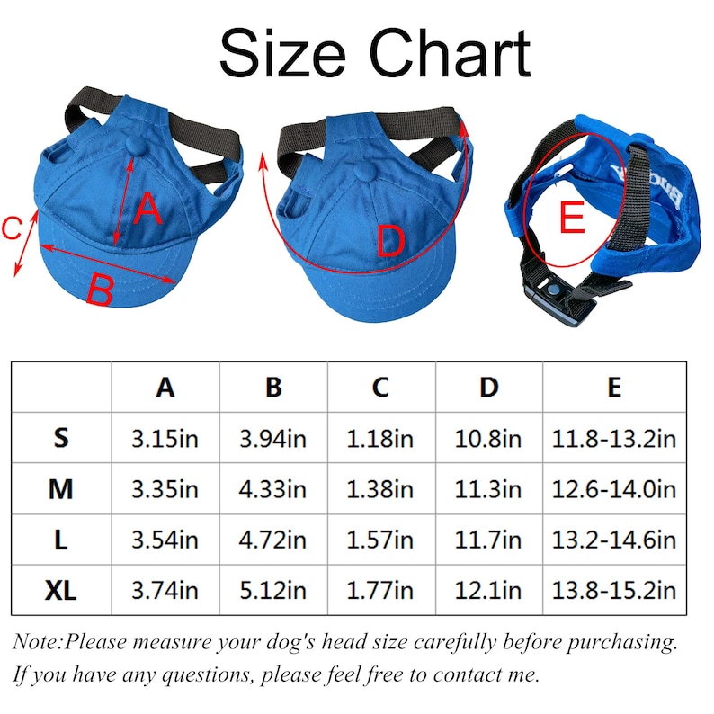 Peut inclure: Casquette de baseball bleue pour chien avec une sangle et une boucle noires. Le tableau des tailles affiche les mesures en pouces pour les tailles S, M, L et XL. Le texte "Size Chart" est en haut de l'image.