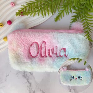 Lovely Gradient Cat Pencil Case, Custom Name Plush Pencil Case, Embroidery Pencil Pouch with Name, Stationary Lover Gifts, Gifts for Girls