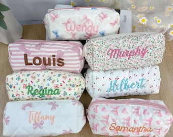 Embroidered Stationery Bag with Custom Text, Personalized Name Floral Pencil Case, Trendy Organizer for School and Office Supplies, Gifts