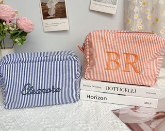 Custom Embroidered Striped Makeup Bag, Embroidered Name Cosmetic Pouch with Zipper, Perfect Travel Toiletry Bag for Women, Cute Gift Idea