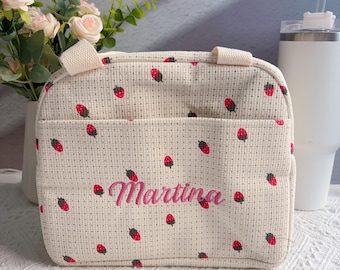 Bolsa de almuerzo personalizada con fresas, bolsa de pana con nombre bordado, bolsa de almuerzo con nombre personalizado, bolsa de mano para niños, regalos para la vuelta al cole