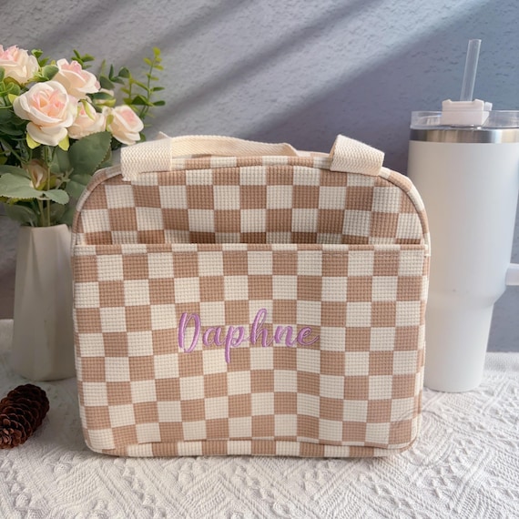 Personalized Checkerboard Lunchbox Bag, Embroidered Name Corduroy Lunch Bag, Insulated Lunch Bag, Reusable Lunch Bag, Gifts for Daughter