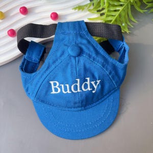 Peut inclure: Casquette de baseball bleue pour chien avec le mot "Buddy" brod&eacute; en blanc. La casquette a une sangle noire et des trous pour les oreilles. Un bouton est sur le dessus.