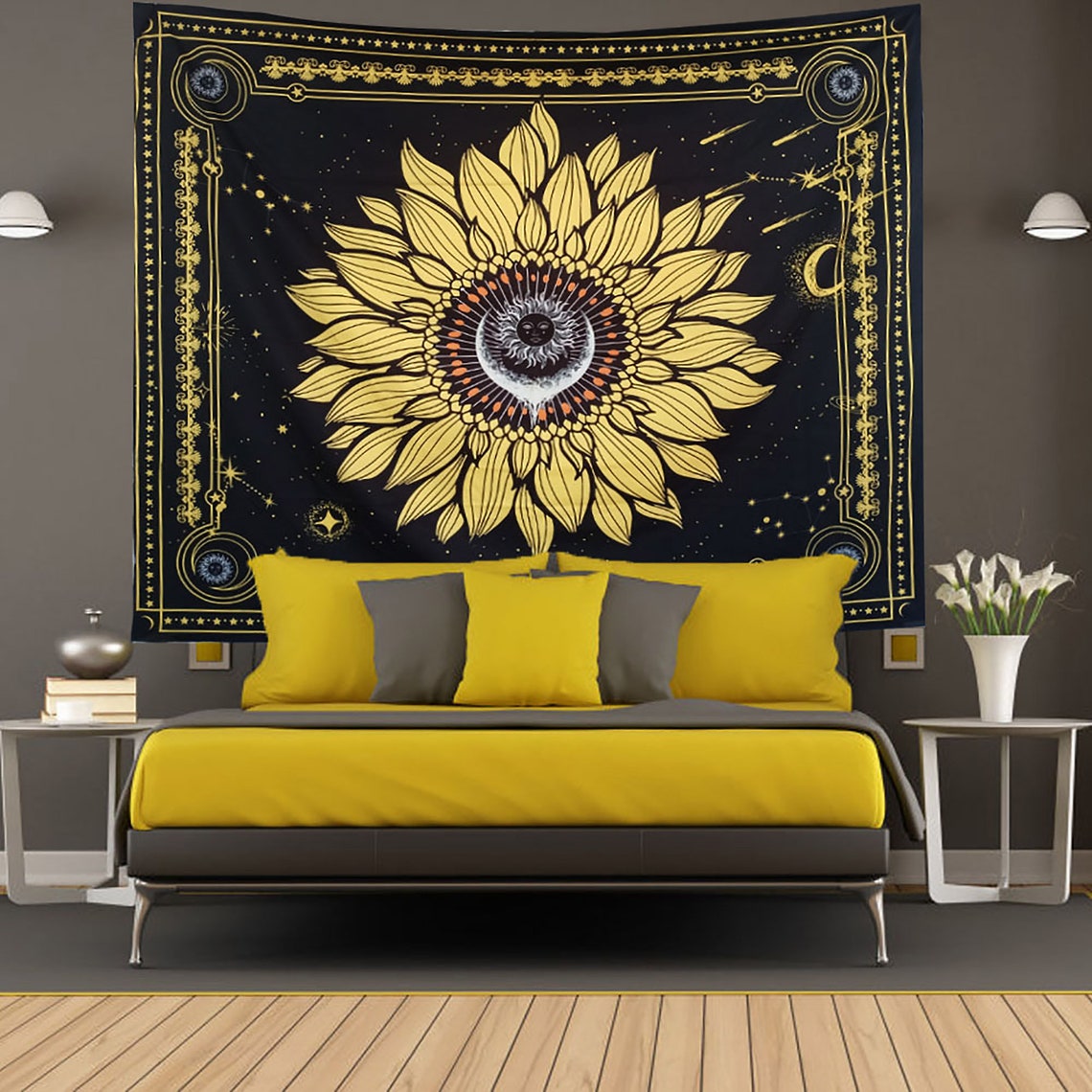 Sunflower Sun TapestryWall Hanging Black and White Tapestry Etsy