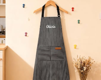 Custom Embroidered Striped Apron, Embroidered Name Adjustable Strap Apron, Professional Kitchen Apron with Pocket,Baking & Kitchen Accessory