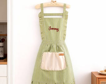 Personalized Apron for Women, Custom Ruffle Striped Apron With Pockets, Adult Baking Apron, Kitchen Apron for Her, Unique Hostess Gifts