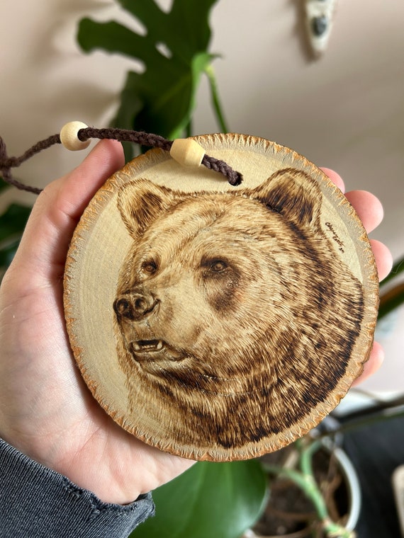 Wood Burned Grizzly Bear Portrait, Beaded Hemp Hanging Artwork