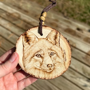 Wood burned hanging art, wood burned fox portrait with braided hemp and wooden beads