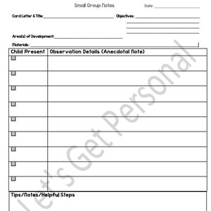 Small Group Note Sheet Anecdotal Notes Creative Curriculum Assessment Tool TS Gold Highscope