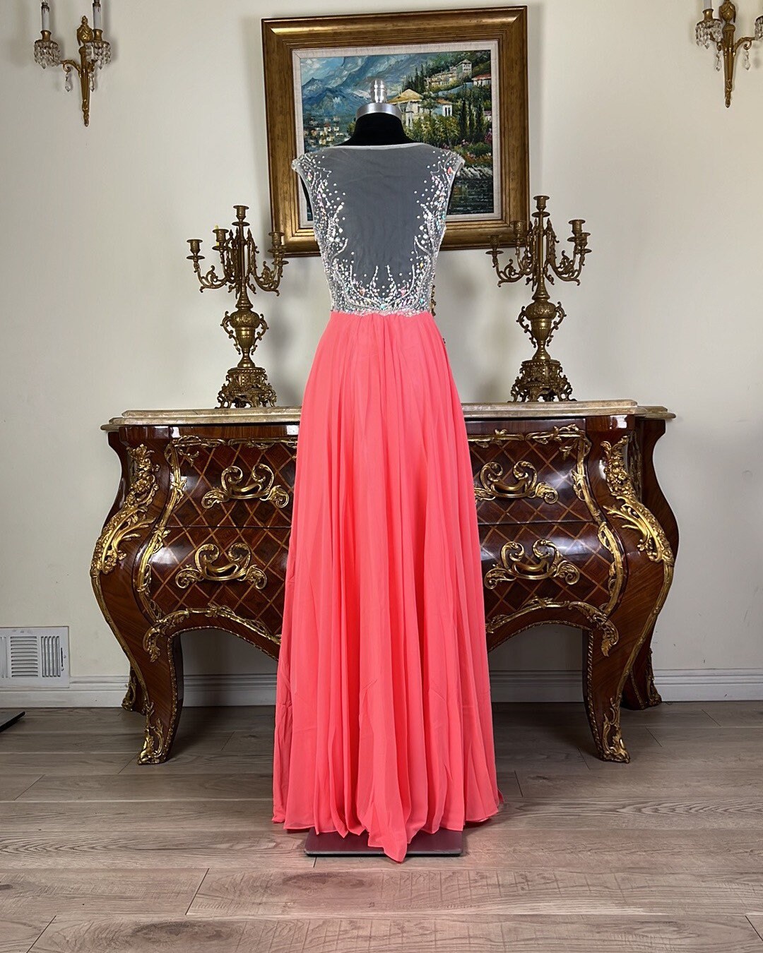satin formal midi dress Cheap Two Piece Prom Dresses Coral Lace Mermaid Dresses|Sheergirl.com –  SheerGirl main image 1