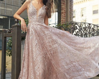 Prom Dress Lace Bodice Glitter Skirt Bridesmaid Formal Dress Open Back V Neck Spaghetti Strap Evening Dress