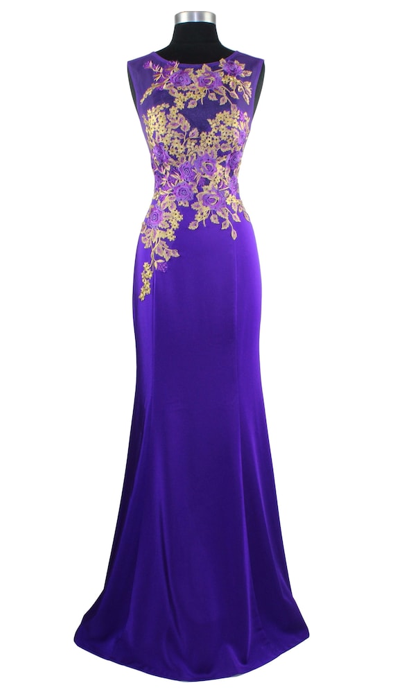 purple and gold dress illusion Women's Sleeveless Embroidery Illusion Bodice Prom Evening Dress