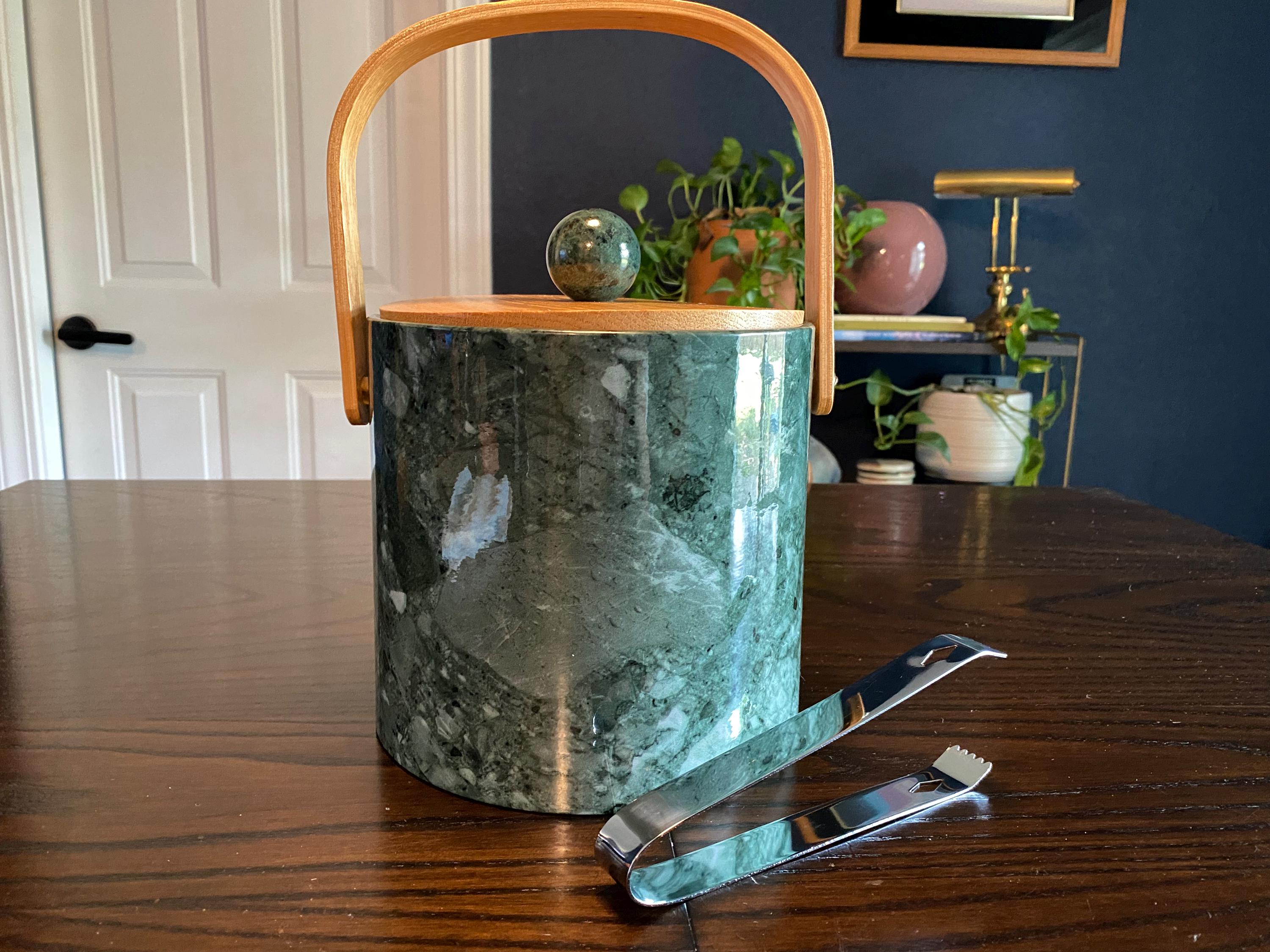 Vintage Himark Wood & Green Marble Ice Bucket With Tongs