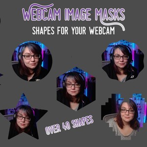 Puede incluir: Imagen promocional de m&aacute;scaras de imagen para webcam. La imagen presenta a una mujer en varios marcos con formas, incluyendo un coraz&oacute;n, un c&iacute;rculo y una estrella. El texto en la parte superior dice "Webcam Image Masks" y "Shapes for Your Webcam". El texto "Over 40 Shapes" est&aacute; en la parte inferior.