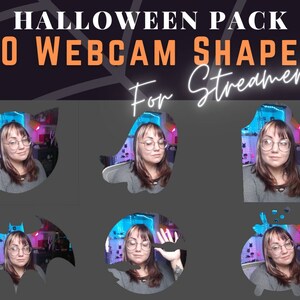 Pu&ograve; includere: Grafica a tema Halloween con il testo "HALLOWEEN PACK 20 WEBCAM SHAPES For Streamers!" in arancione e bianco. L'immagine mostra una persona in varie forme di webcam, tra cui un gatto, un pipistrello e un calderone.