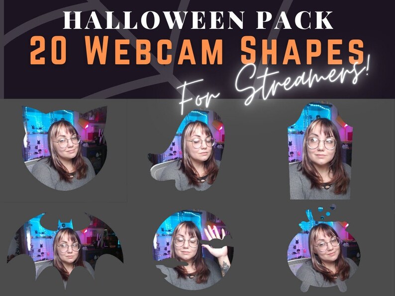 Pu&ograve; includere: Grafica a tema Halloween con il testo "HALLOWEEN PACK 20 WEBCAM SHAPES For Streamers!" in arancione e bianco. L'immagine mostra una persona in varie forme di webcam, tra cui un gatto, un pipistrello e un calderone.
