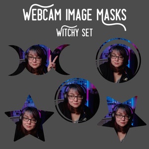 Puede incluir: Gr&aacute;fico gris oscuro con el texto "Webcam Image Masks Witchy Set". La imagen muestra a una persona con auriculares y gafas, enmarcados en formas: medias lunas, un c&iacute;rculo y estrellas. El fondo tiene iluminaci&oacute;n azul y rosa.