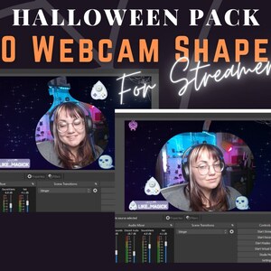Pu&ograve; includere: Immagine promozionale per un pacchetto di overlay per webcam a tema Halloween. Il testo recita "HALLOWEEN PACK 20 WEBCAM SHAPES For Streamers!". L'immagine mostra una donna in una cornice webcam con grafica a tema Halloween.