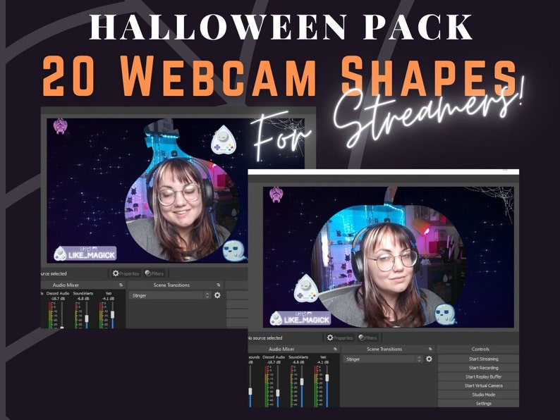 Pu&ograve; includere: Immagine promozionale per un pacchetto di overlay per webcam a tema Halloween. Il testo recita "HALLOWEEN PACK 20 WEBCAM SHAPES For Streamers!". L'immagine mostra una donna in una cornice webcam con grafica a tema Halloween.