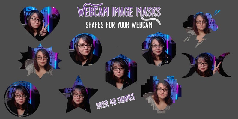 Puede incluir: Imagen promocional de m&aacute;scaras de imagen para webcam. La imagen presenta a una mujer en varios marcos con formas, incluyendo un coraz&oacute;n, un c&iacute;rculo y una estrella. El texto en la parte superior dice "Webcam Image Masks" y "Shapes for Your Webcam". El texto "Over 40 Shapes" est&aacute; en la parte inferior.