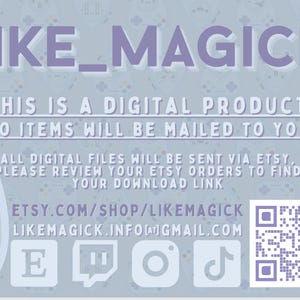 Puede incluir: Anuncio de producto digital con el texto "LIKE_MAGICK". Indica que no se enviar&aacute;n art&iacute;culos f&iacute;sicos y que los archivos digitales se enviar&aacute;n a trav&eacute;s de Etsy. Incluye informaci&oacute;n de la tienda Etsy, informaci&oacute;n de contacto, iconos de redes sociales y un c&oacute;digo QR.