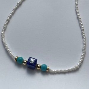Handmade Adjustable Beaded Necklace White Blue Evil Eye Accessories