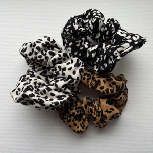 Handmade Leopard Print Fabric  Hair Scrunchies - Black, White, Brown &#39;90s Hair Accessories