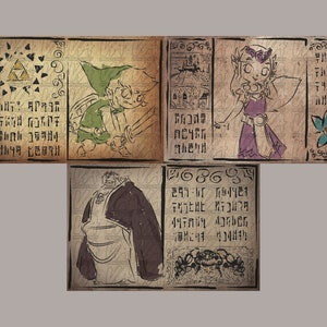 May include: A set of five vintage-style parchment scrolls with illustrations and text. The scrolls feature a green-clad figure with a sword, a small figure with a purple dress, a large figure with a purple robe, and a blue flower. The text on the scrolls is in a stylized font and appears to be in a fictional language.