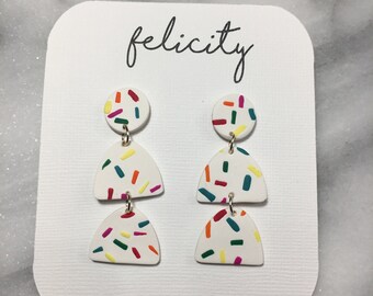 colorful earrings modern three-tiered earrings fun handmade polymer statement earrings made in Ohio