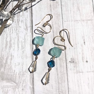 The Eloise | handmade Java glass & gold triangle dangle earrings, seafoam green, purple, aqua, brass nuggets, recycled glass, Gifts for Her
