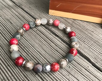 The Ryder | handmade beaded stretch bracelet, red jasper, African bloodstone, fossil crinoid, stainless steel, men's / unisex, Gifts for Him