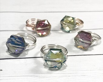 The Marisa | handmade wire-wrapped faceted hexagon crystal ring, rose gold, silver, iridescent green, blue, pink, statement, Gifts for Her