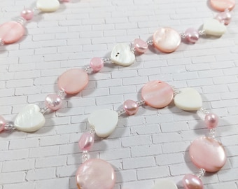 The Collection M for Kids | Girls "XOXOXO" beaded jewelry set, pink and white pearls, heart beads, necklace, bracelet, Gifts for Children