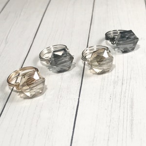 The Marisa | handmade wire-wrapped faceted hexagon crystal ring, champagne gold, gray gunmetal, silver, statement ring, Gifts for Her