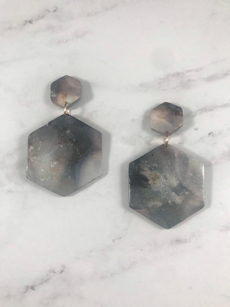 The Naomi Gifts for Her hexagon gray black white silver alcohol ink watercolor stained clay jewelry handmade polymer clay earrings