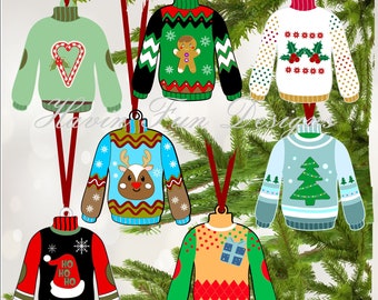 Könnte beinhalten: Sieben Weihnachtsbaumschmuckstücke in Form von Pullovern mit verschiedenen festlichen Designs. Die Pullover sind grün, rot, blau, weiß und orange mit verschiedenen Mustern und Bildern, darunter ein Lebkuchenmann, ein Rentier, ein Weihnachtsbaum, ein Zuckerstange und die Worte "Ho Ho Ho".