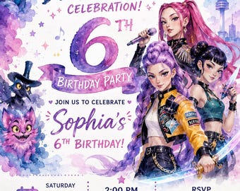 May include: A K-Pop Demon Hunter themed birthday invitation for Sophia's 6th birthday on June 14, 2025, at 2:00 PM. The design features three anime-style characters, a blue tiger, a small creature, and a city skyline in watercolor purple and blue.