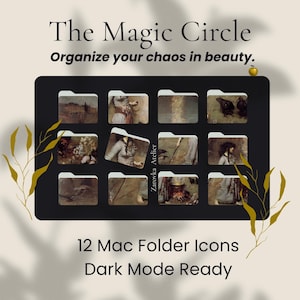 Puede incluir: Gráfico de arte digital negro con el texto "The Magic Circle" y "Organiza tu caos con belleza". Se muestran doce iconos de carpeta Mac, cada uno con una pintura vintage diferente. También se incluye el texto "12 Mac Folder Icons Dark Mode Ready".