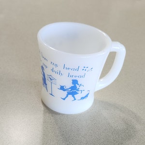 Vintage Fire King Oven Ware Milkglass Mug Cup D handle Prayer with Figures.  Holds 8 ounces.