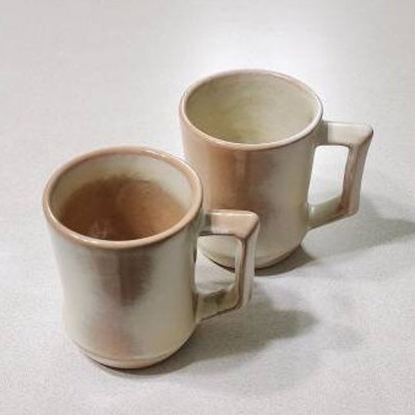 Vintage 2 Frankoma C5 Mugs Cups Oklahoma Pottery in Cream Brown with Great Patina. Will keep your beverage hot