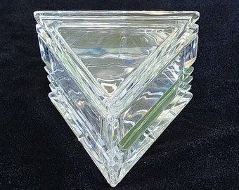 Stunning Triangle Crystal Lead Glass Triangle Dish Box Container Trinket Cigarette. Notched Edge with Lid and Star Cut Base. 5 1/2 inches.