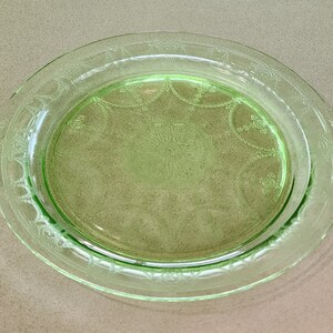 Vintage CAMEO Depression Glass Uranium Glass GREEN 10 1/2 inch tab Handle Plate by Hocking Glass. Does have factory flaw.