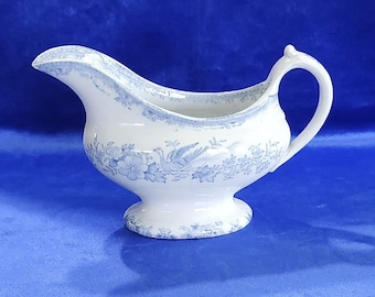Vintage or Antique ASIATIC PHEASANTS Sauce Boat or Gravy Boat. Blue and White. Unmarked. Small chip under spout. 8 inches long, 4 3/4 tall.
