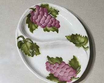 Mid Century Maddux of California Pottery Large Divided Relish Featuring Grapes and Leaves on Ivory. No chips or cracks. Very pretty.