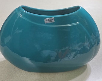 Vintage Royal Haeger Large Vase Turquoise Teal with Label and #5148 on bottom. 8 1/2 inches tall and 12 inches long and 3 3/4 inches wide.