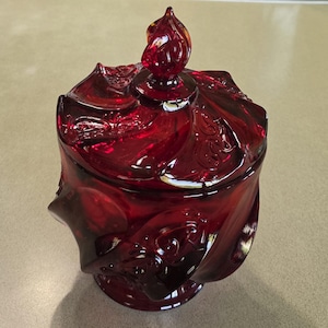 Vintage FENTON Ruby Red Paisley Swirl Lidded Candy Dish. No damage.